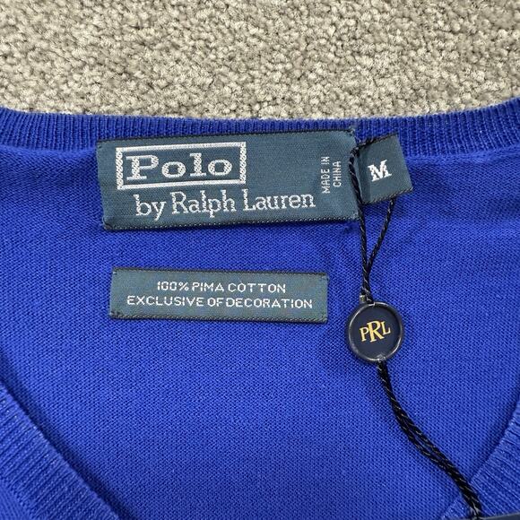 Polo Ralph Lauren V Neck Sweater Mens Medium Blue 100% Pima Cotton Exclusive - Picture 2 of 11